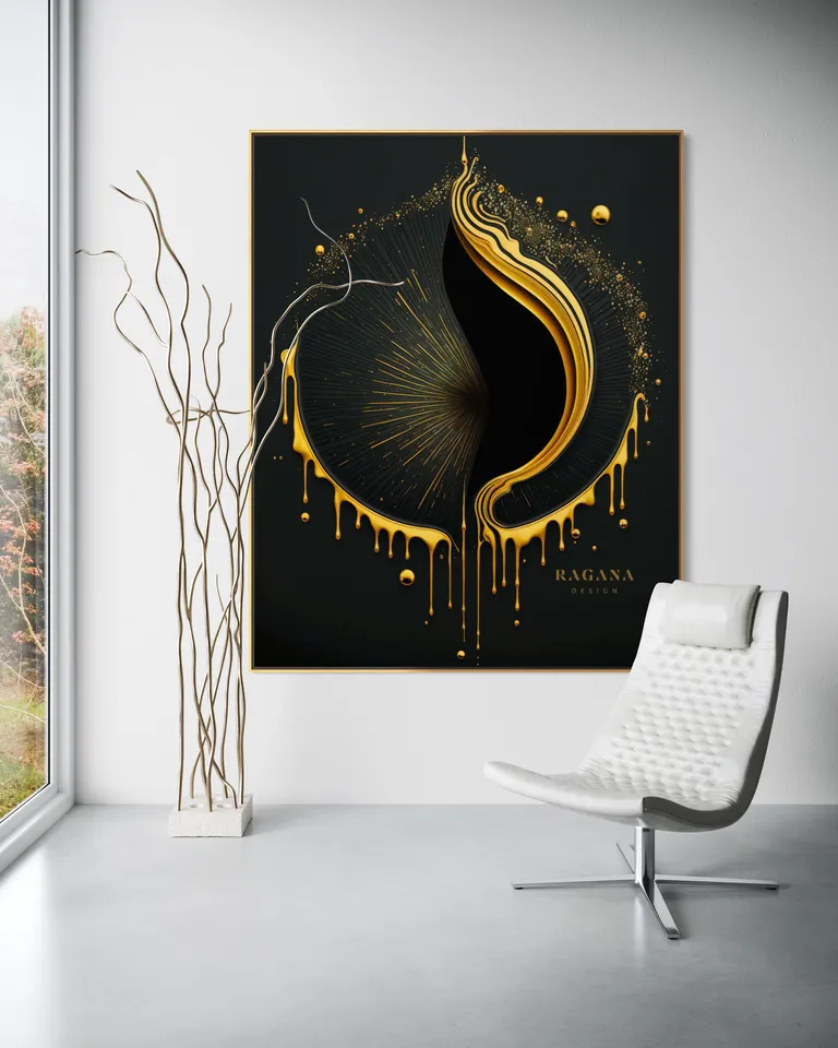The Sovereign Void as a framed print on a white wall – gold wall art, golden spiral art print by RAGANA Design