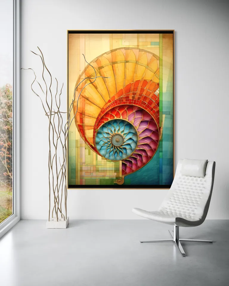 The Stained Glass Revelation as a framed print on a white wall – colourful geometric wall art, golden spiral print by RAGANA Design