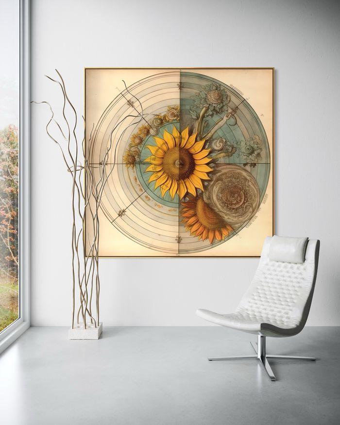 The Sunflower Compass as a framed print on a white wall – botanical wall art, Da Vinci style golden ratio poster by RAGANA Design