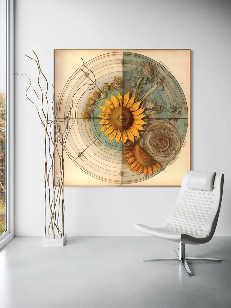 The Sunflower Compass as a framed print on a white wall – botanical wall art, Da Vinci style golden ratio poster by RAGANA Design