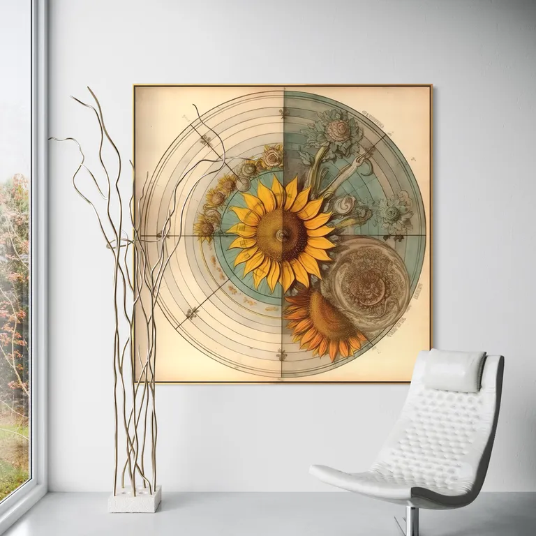 The Sunflower Compass as a framed print on a white wall – botanical wall art, Da Vinci style golden ratio poster by RAGANA Design