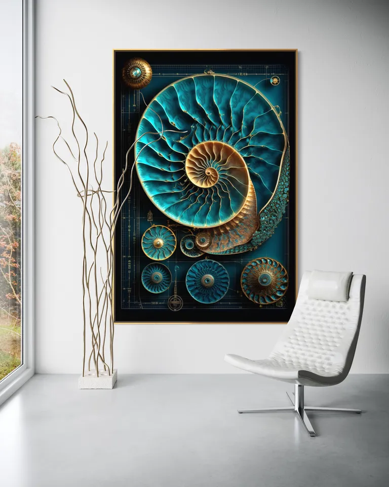 The Teal Sovereign Command as a framed print on a white wall – nautilus shell art, shell wall art print by RAGANA Design