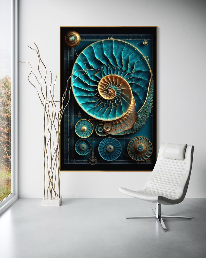 The Teal Sovereign Command als gerahmter Kunstdruck an einer weißen Wand – Nautilus Bild, Goldener Schnitt Wandbild von RAGANA Design