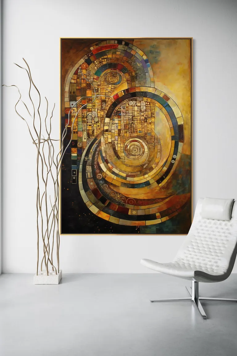 The Tessellated Spiral as a framed print on a white wall – Klimt style gold wall art, Art Nouveau print by RAGANA Design