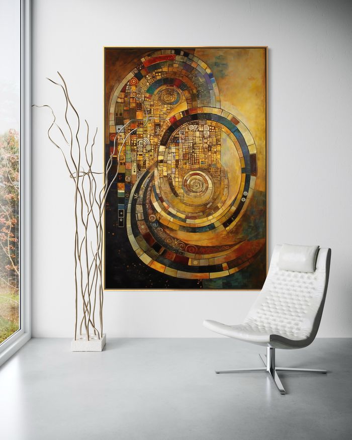 The Tessellated Spiral as a framed print on a white wall – Klimt style gold wall art, Art Nouveau print by RAGANA Design