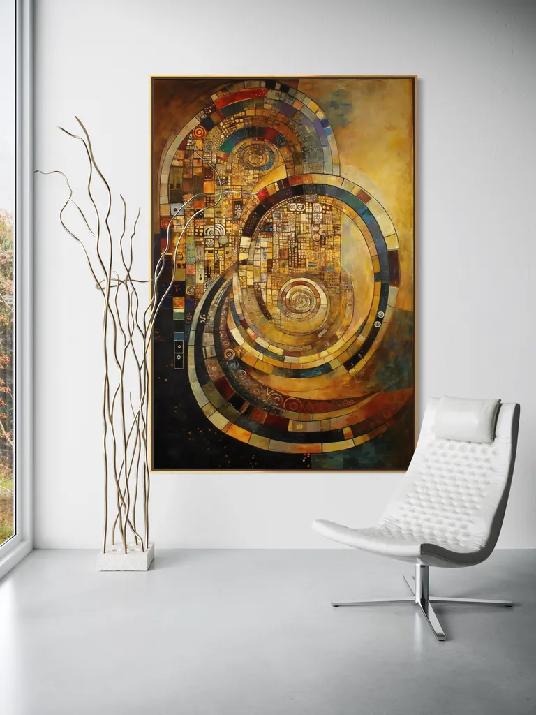 The Tessellated Spiral as a framed print on a white wall – Klimt style gold wall art, Art Nouveau print by RAGANA Design