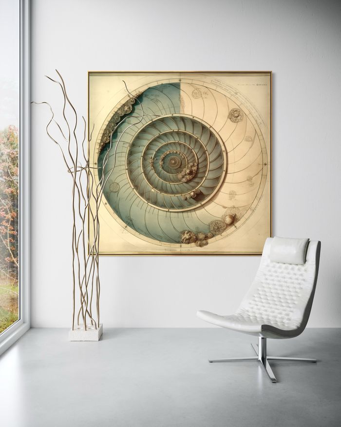 The Tidal Chart as a framed print on a white wall – ammonite wall art, Da Vinci style golden ratio poster by RAGANA Design