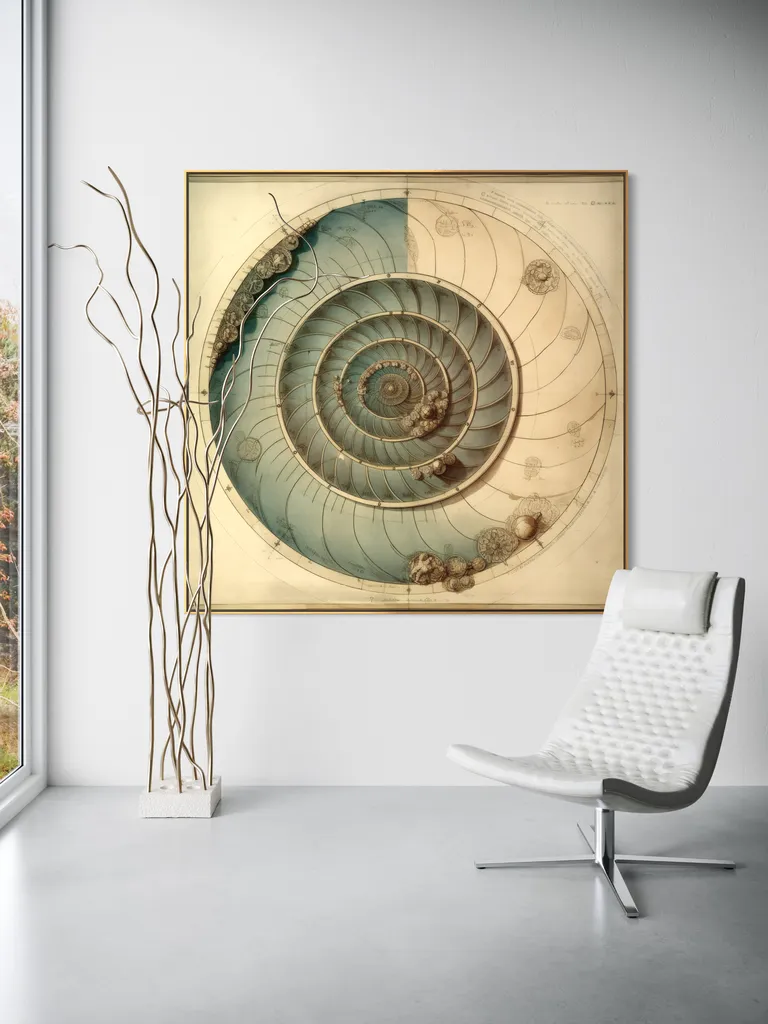 The Tidal Chart as a framed print on a white wall – ammonite wall art, Da Vinci style golden ratio poster by RAGANA Design
