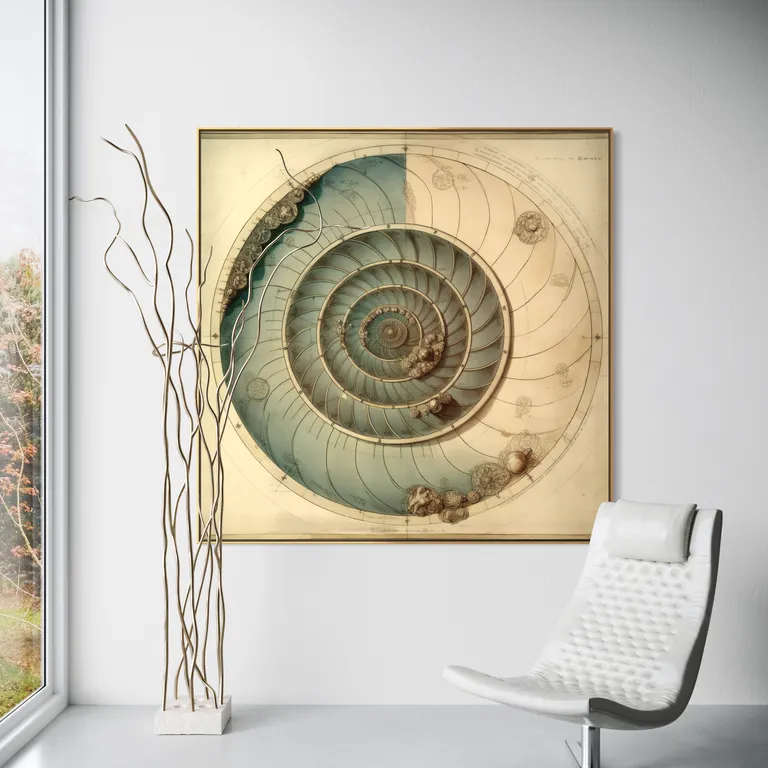 The Tidal Chart as a framed print on a white wall – ammonite wall art, Da Vinci style golden ratio poster by RAGANA Design