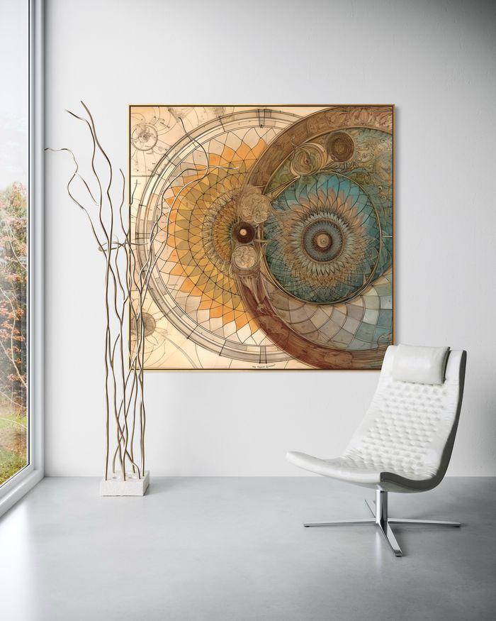 The Twin Rosette as a framed print on a white wall – golden ratio poster, Da Vinci style geometric print by RAGANA Design