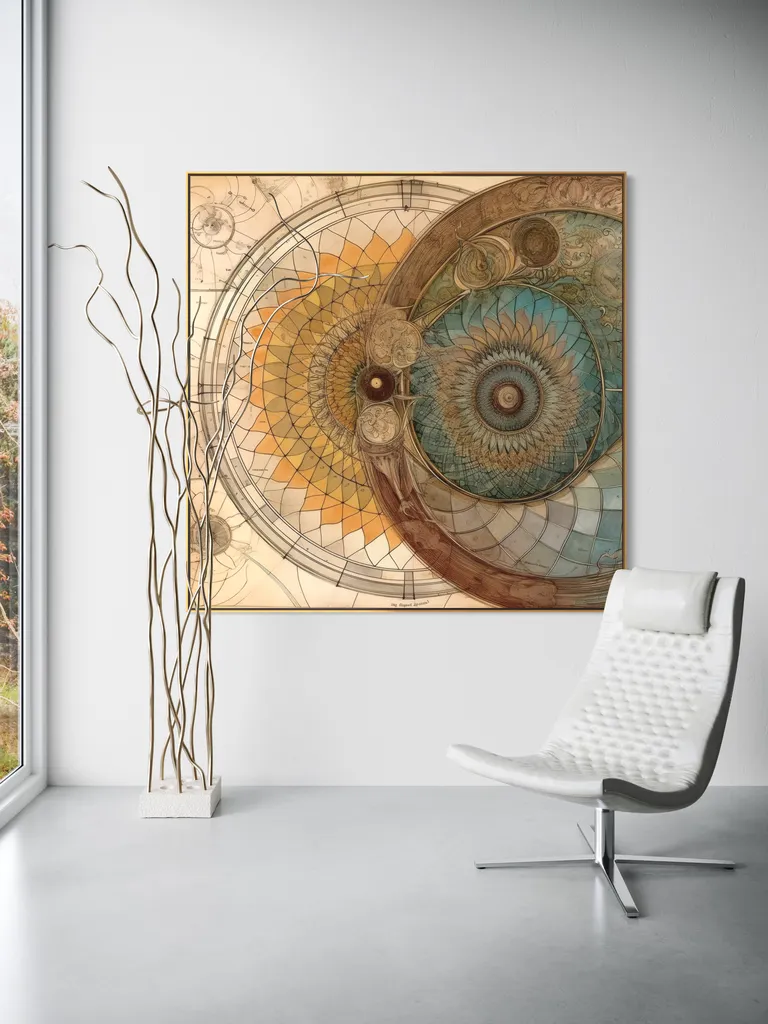The Twin Rosette as a framed print on a white wall – golden ratio poster, Da Vinci style geometric print by RAGANA Design