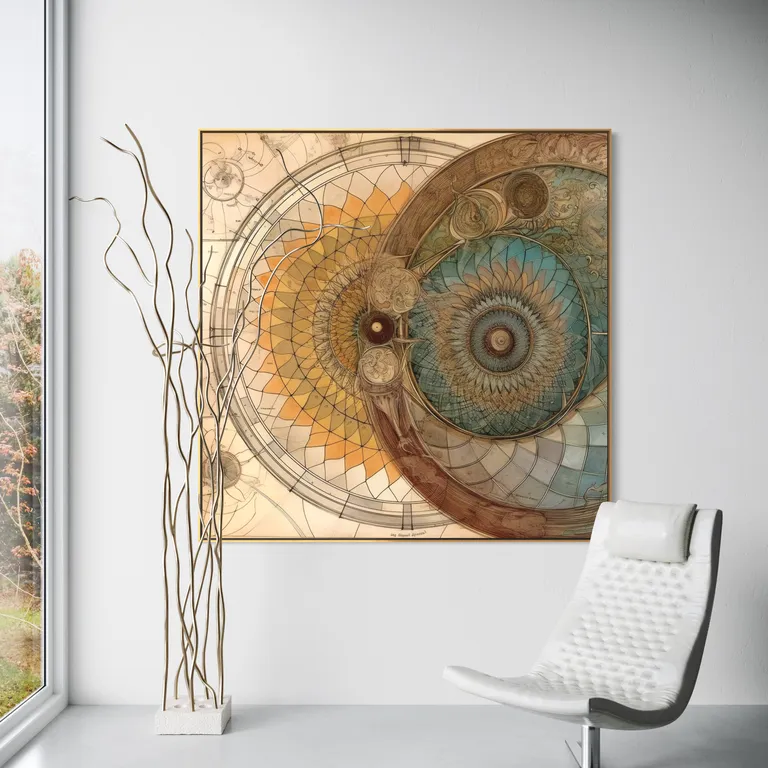 The Twin Rosette as a framed print on a white wall – golden ratio poster, Da Vinci style geometric print by RAGANA Design