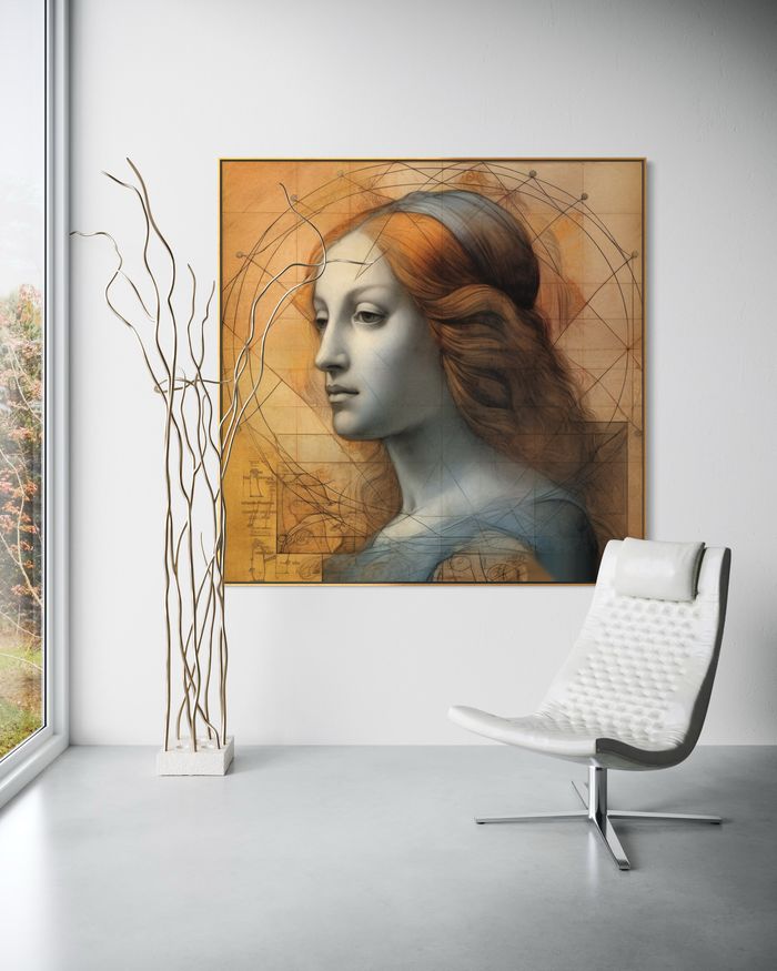 The Vitruvian Muse as a framed print on a white wall – golden ratio poster, vitruvian man style Da Vinci print by RAGANA Design