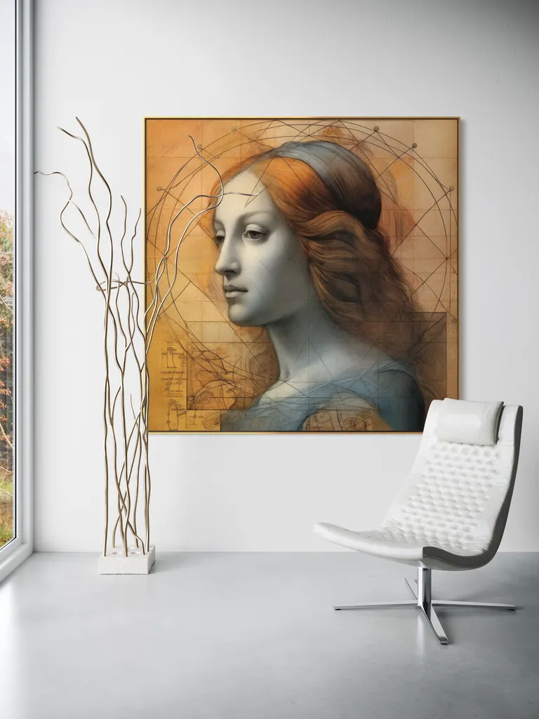 The Vitruvian Muse as a framed print on a white wall – golden ratio poster, vitruvian man style Da Vinci print by RAGANA Design