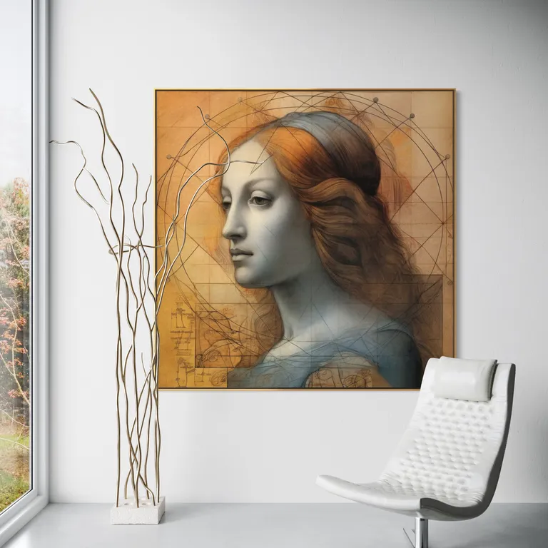 The Vitruvian Muse as a framed print on a white wall – golden ratio poster, vitruvian man style Da Vinci print by RAGANA Design