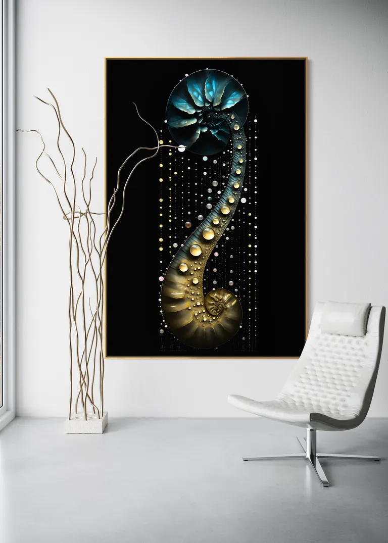 The Zenith Spiral as a framed print on a white wall – pearl wall art, nautilus shell print by RAGANA Design