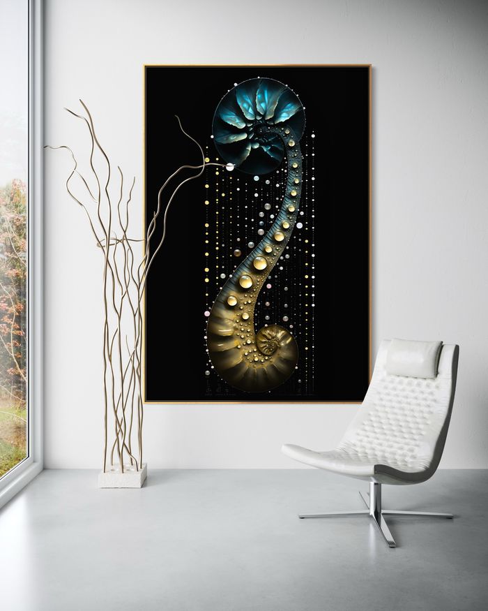 The Zenith Spiral en tirage encadré sur un mur blanc – tableau nacré, affiche nautile par RAGANA Design