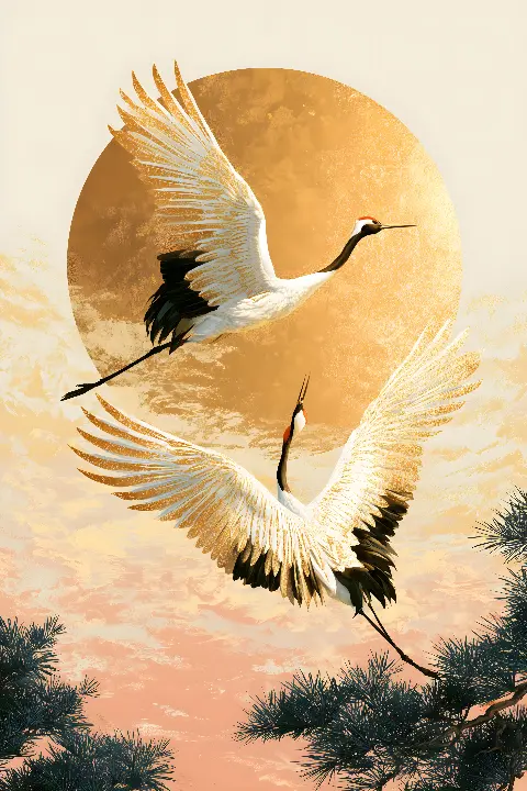 Golden Cranes at Sunrise, coleção Japanese Art in Gold — arte de parede Fibonacci na proporção áurea por RAGANA Design