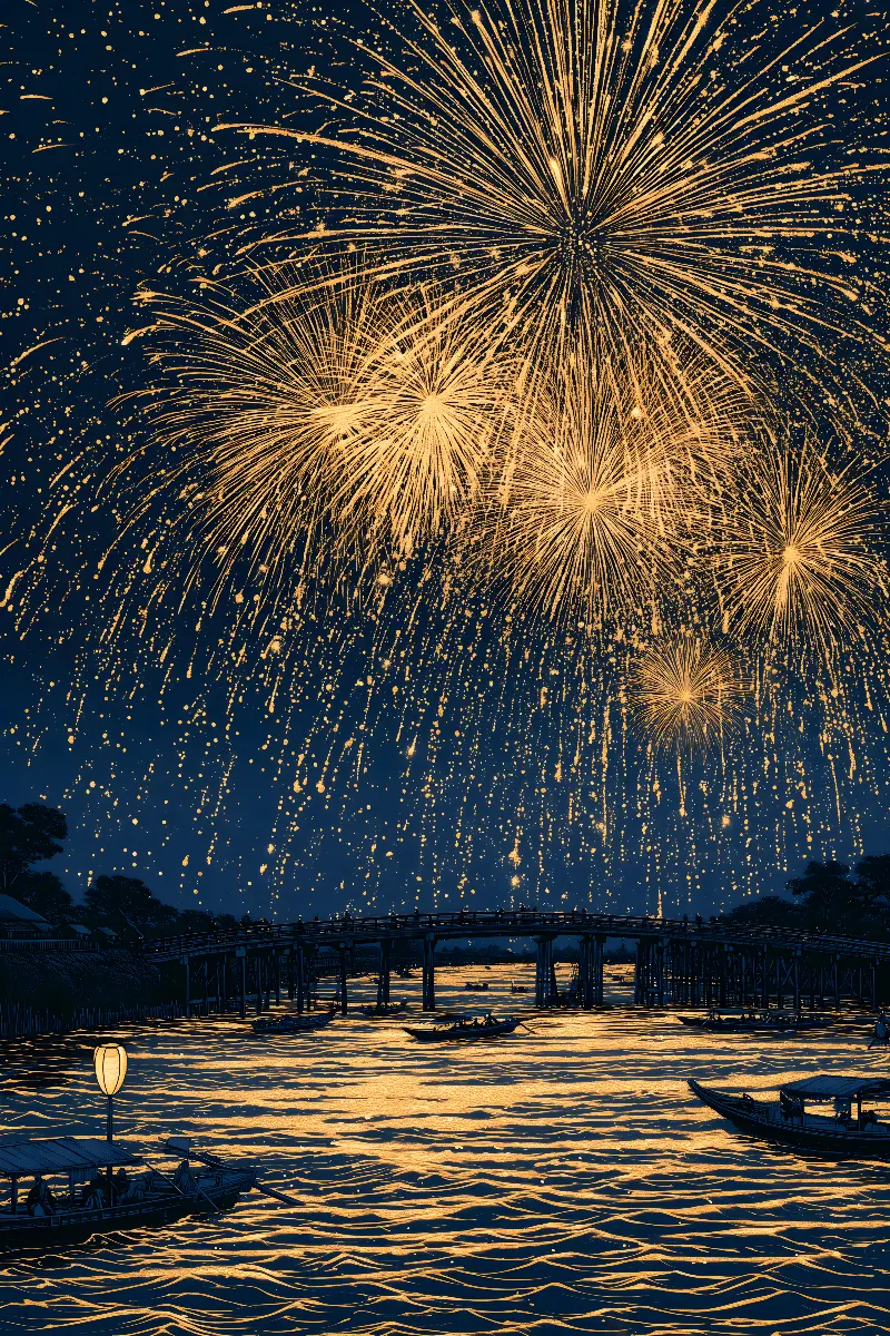 Golden Fireworks over the River, coleção Japanese Art in Gold — arte de parede Fibonacci na proporção áurea por RAGANA Design