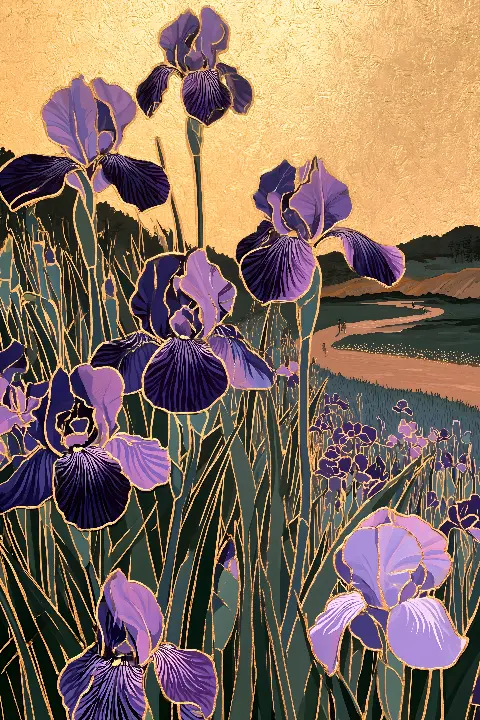 The Golden Iris Garden, coleção Japanese Art in Gold — arte de parede Fibonacci na proporção áurea por RAGANA Design