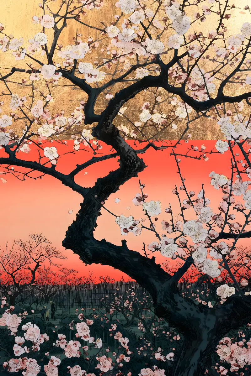 The Golden Plum Garden, coleção Japanese Art in Gold — arte de parede Fibonacci na proporção áurea por RAGANA Design