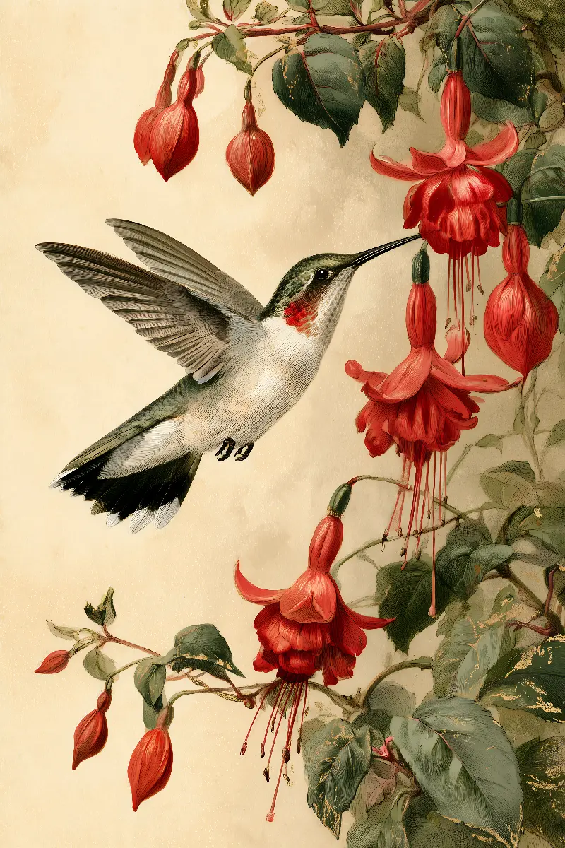 Hummingbird and Fuchsia, Vintage Botanical Prints collection — gold wall art by RAGANA Design