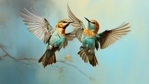 Hummingbirds in the Morning Mist, coleção 4K TV Art in Gold — arte de parede em ouro por RAGANA Design