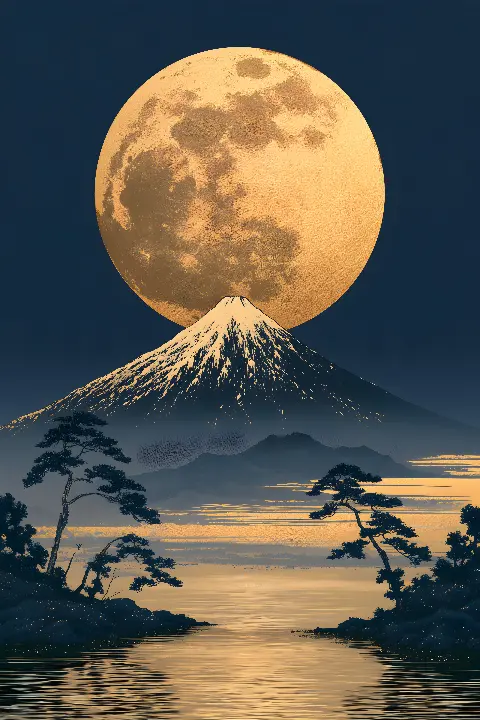 Moonlit Fuji, coleção Japanese Art in Gold — arte de parede Fibonacci na proporção áurea por RAGANA Design