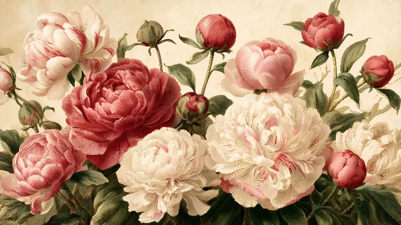 Peony Garden in Gold、Vintage Botanical Prints コレクション — RAGANA Design によるゴールドのウォールアート