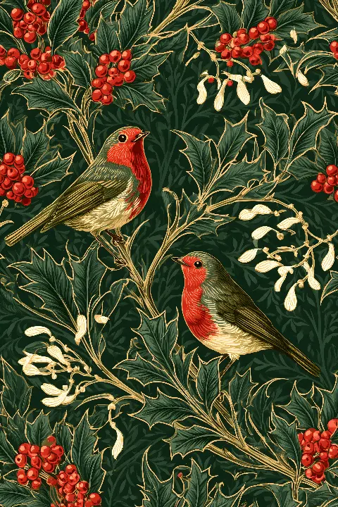 Robins and Holly, Christmas in Gold collection — Fibonacci golden ratio wall art by RAGANA Design