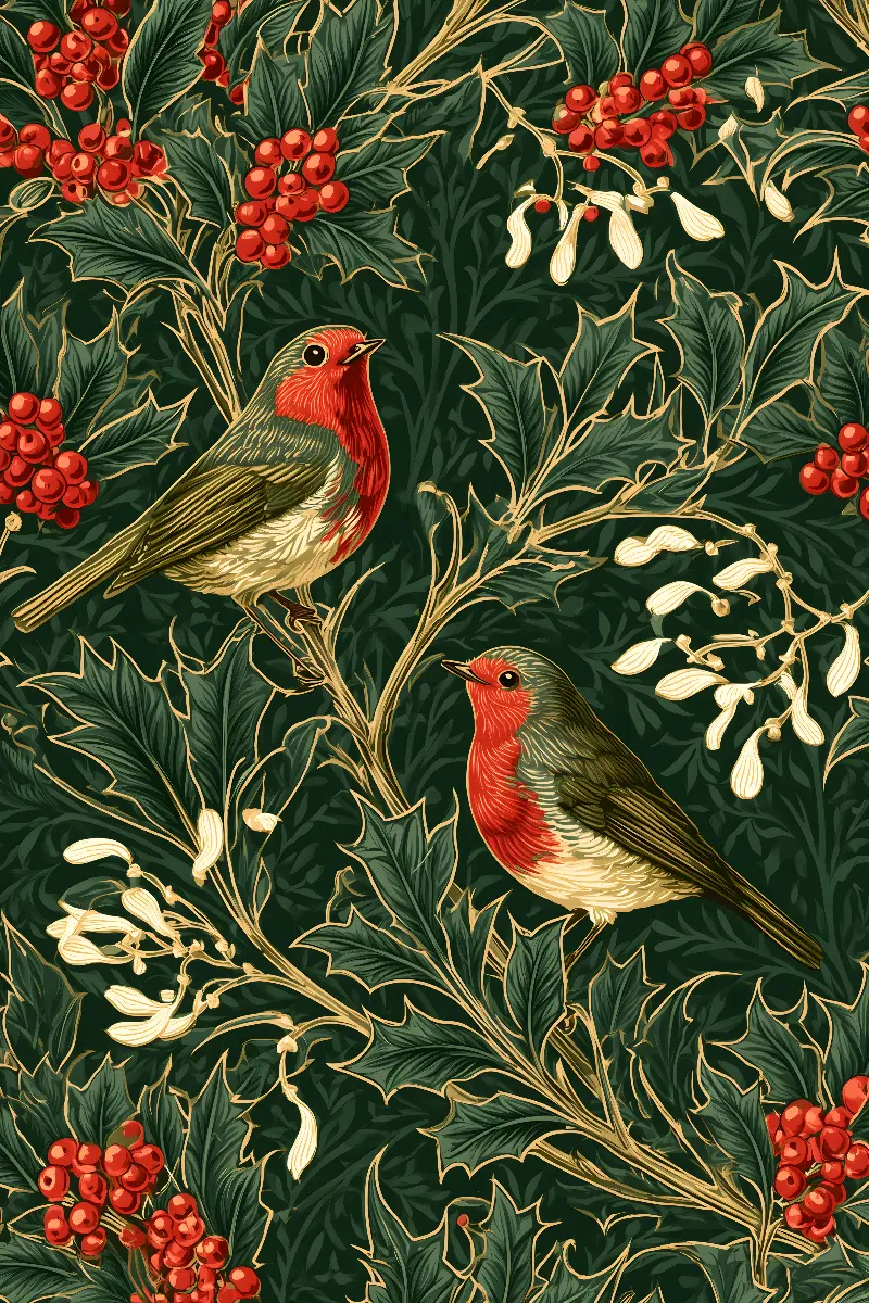 Robins and Holly, Christmas in Gold collection — Fibonacci golden ratio wall art by RAGANA Design