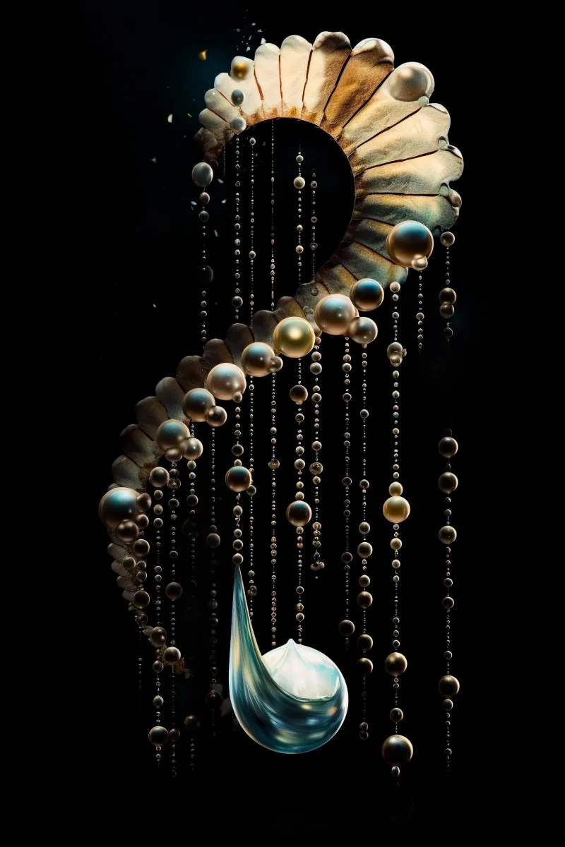 The Alchemist's Tear, una spirale di perle d’oro e madreperla che si arriccia verso il basso in un’unica goccia di vetro su nero, Quadro perla, stampa conchiglia nautilus di RAGANA Design