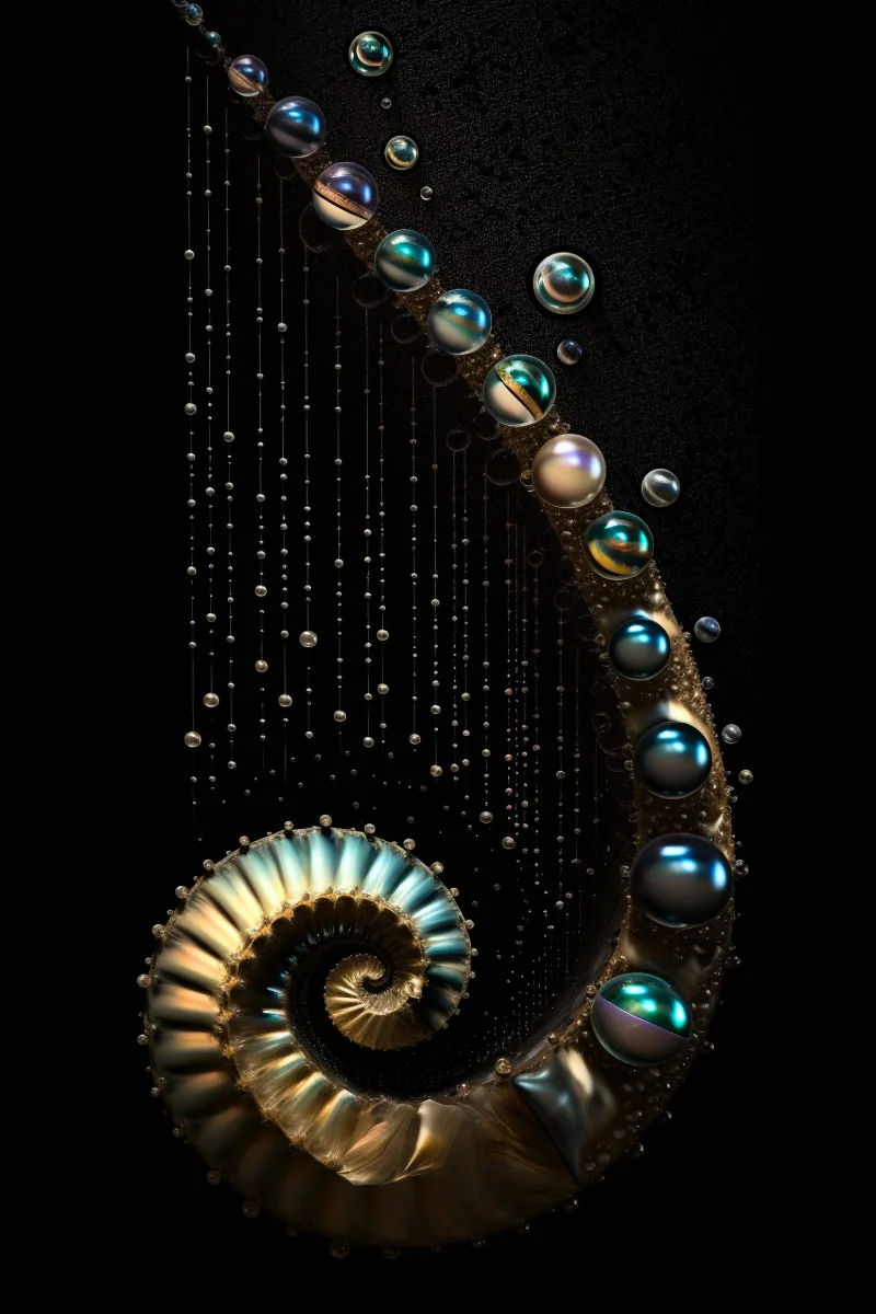 The Arch of Awe、黒地を横切って弧を描く真珠と色ガラスのビーズのアーチから吊るされた金のオウムガイ、RAGANA Designのパール ウォールアート・オウムガイ プリント