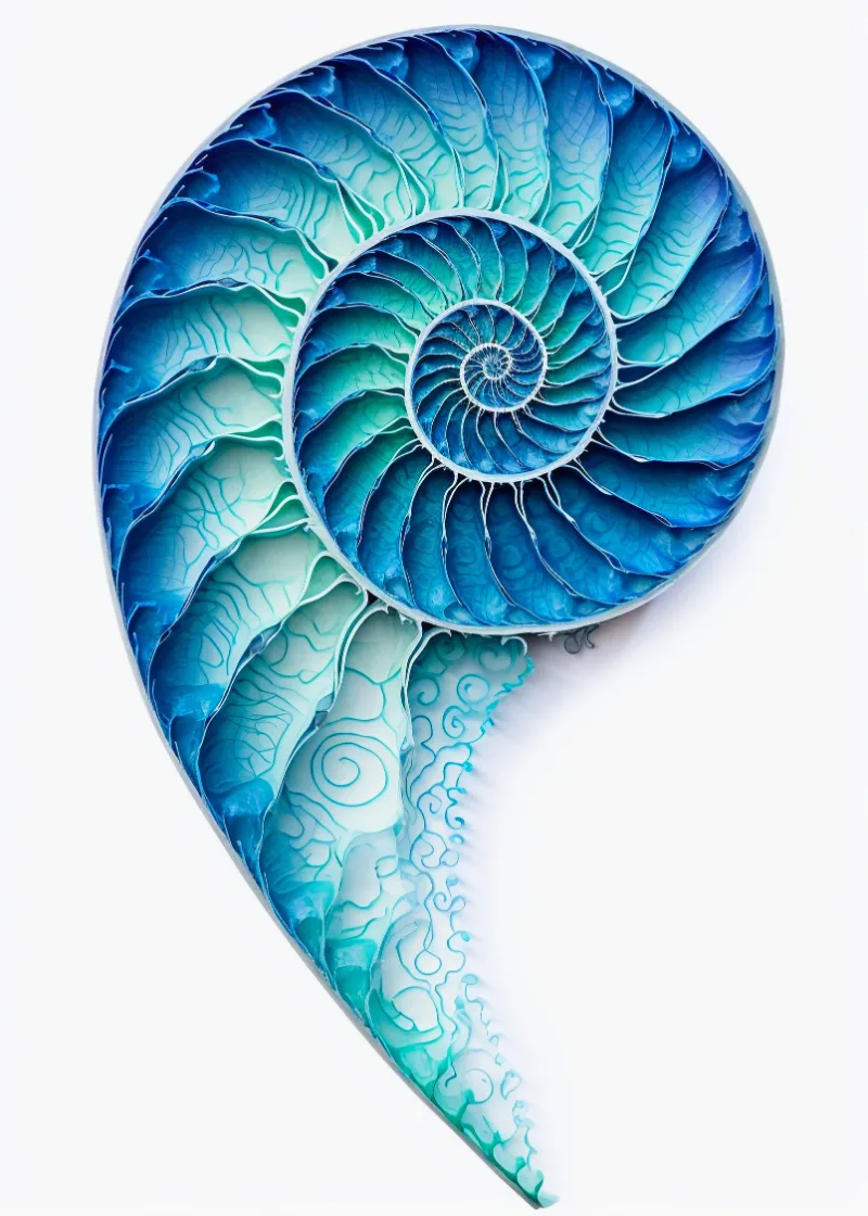 The Azure Crest of Fluidity、清潔な白地に青とターコイズの水彩で描かれたオウムガイ、RAGANA Designのオウムガイ アート・貝殻 ウォールアート プリント