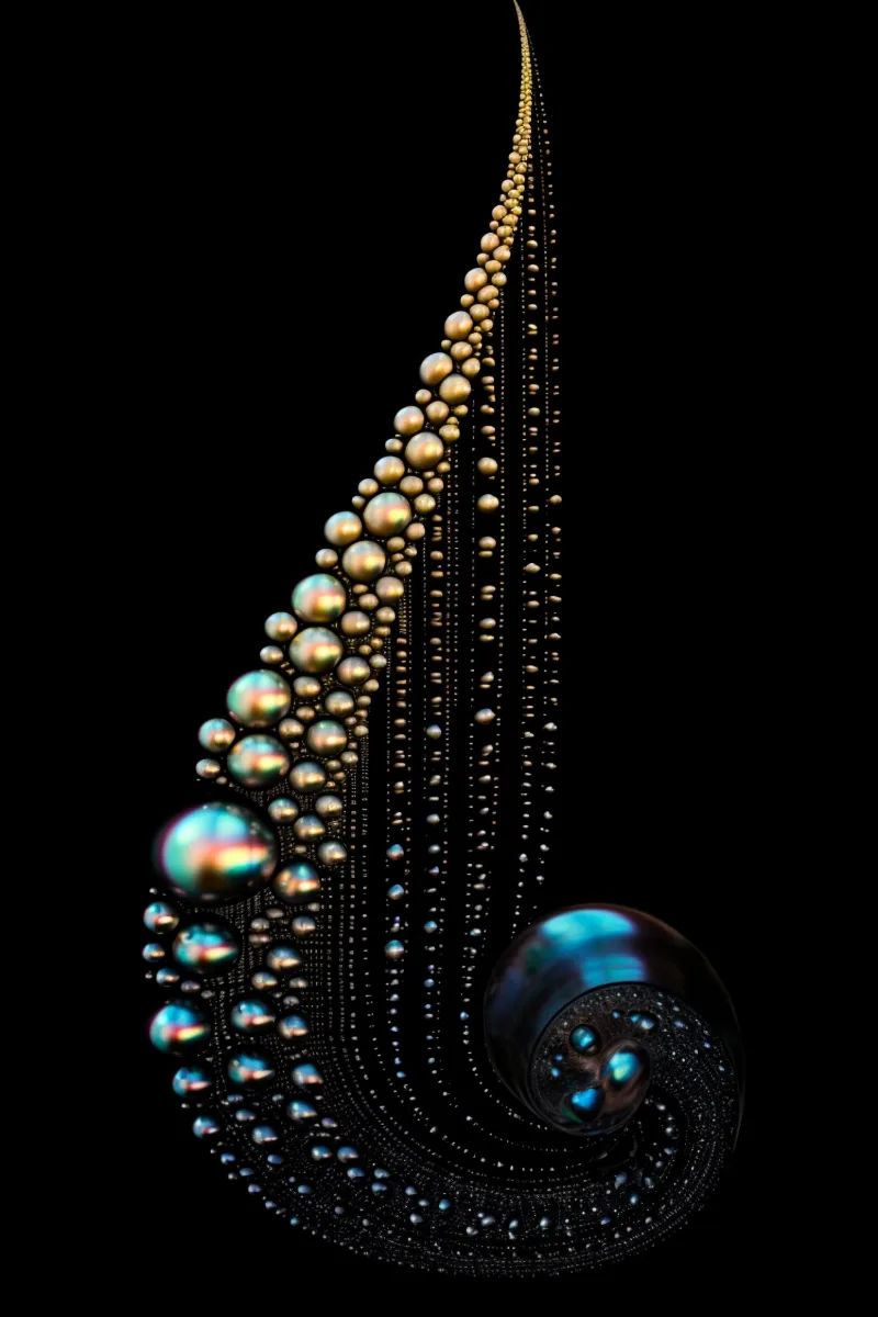 The Celestial Current, a thin curve of gold and pale-blue pearls tapering to a point with a few teal beads at its foot on black, Pearl wall art, nautilus shell print by RAGANA Design