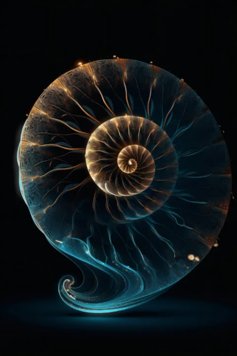 白い壁に額装したThe Celestial Nautilus – RAGANA Designのオウムガイ アート・貝殻 ウォールアート プリント