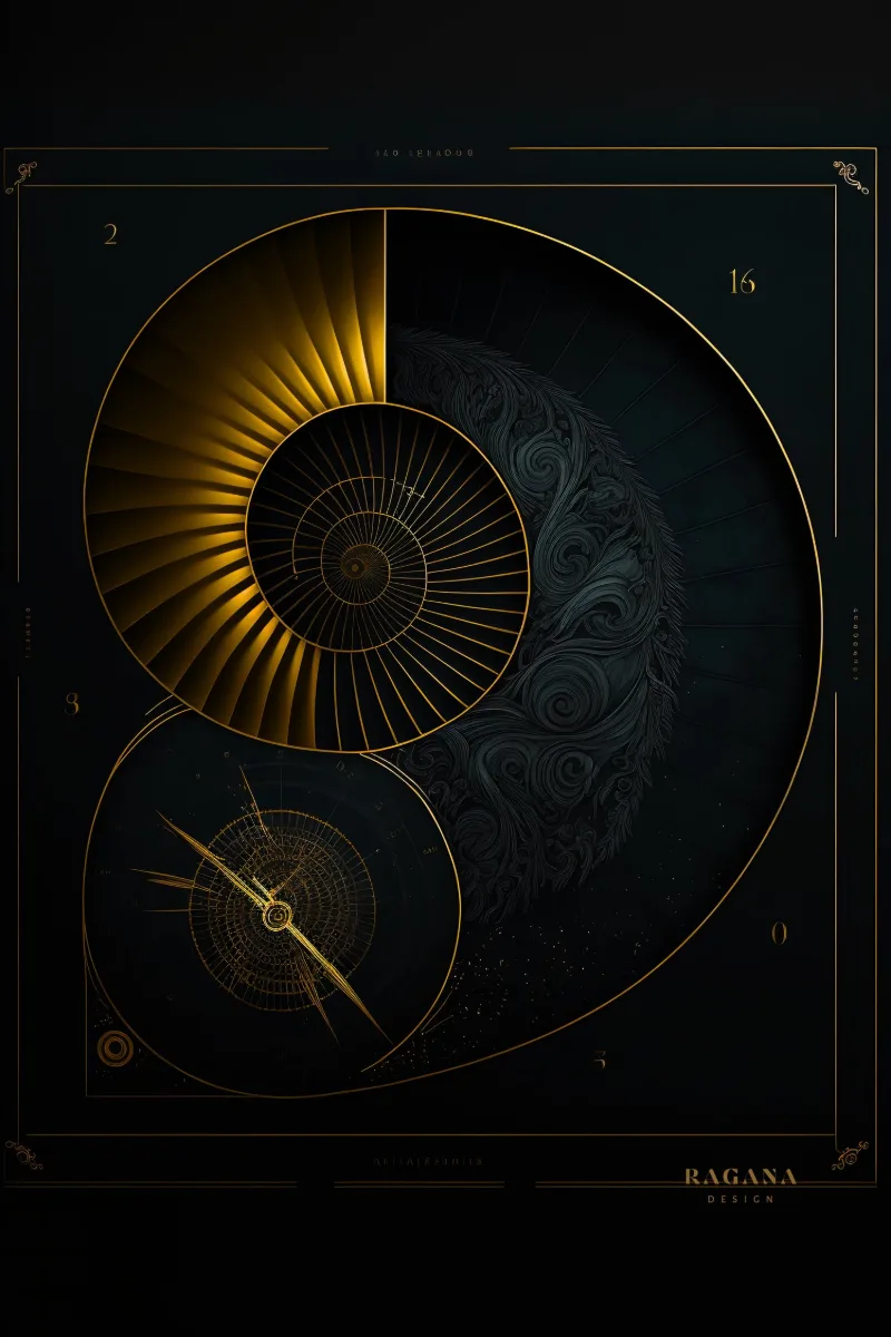 The Chronos Spiral、黒地で金の階段と彫刻を施した暗い部屋へと切り分けられ、下にコンパスローズを持つオウムガイ、RAGANA Designのゴールド ウォールアート・黄金螺旋 アートプリント