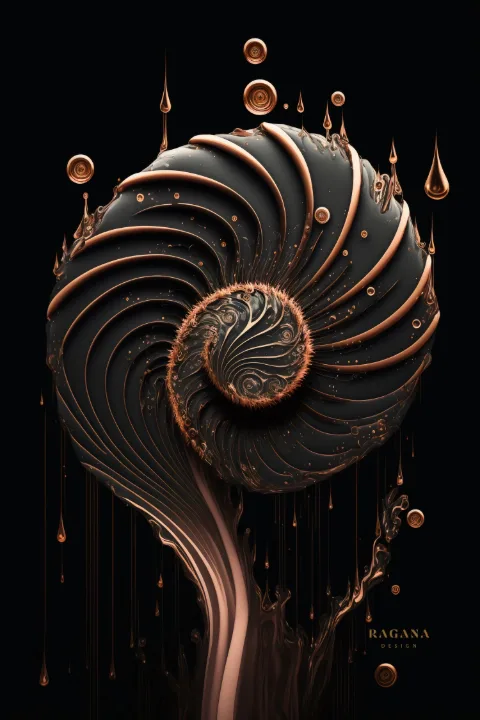 白い壁に額装したThe Copper Vortex – RAGANA Designのオウムガイ アート・貝殻 ウォールアート プリント