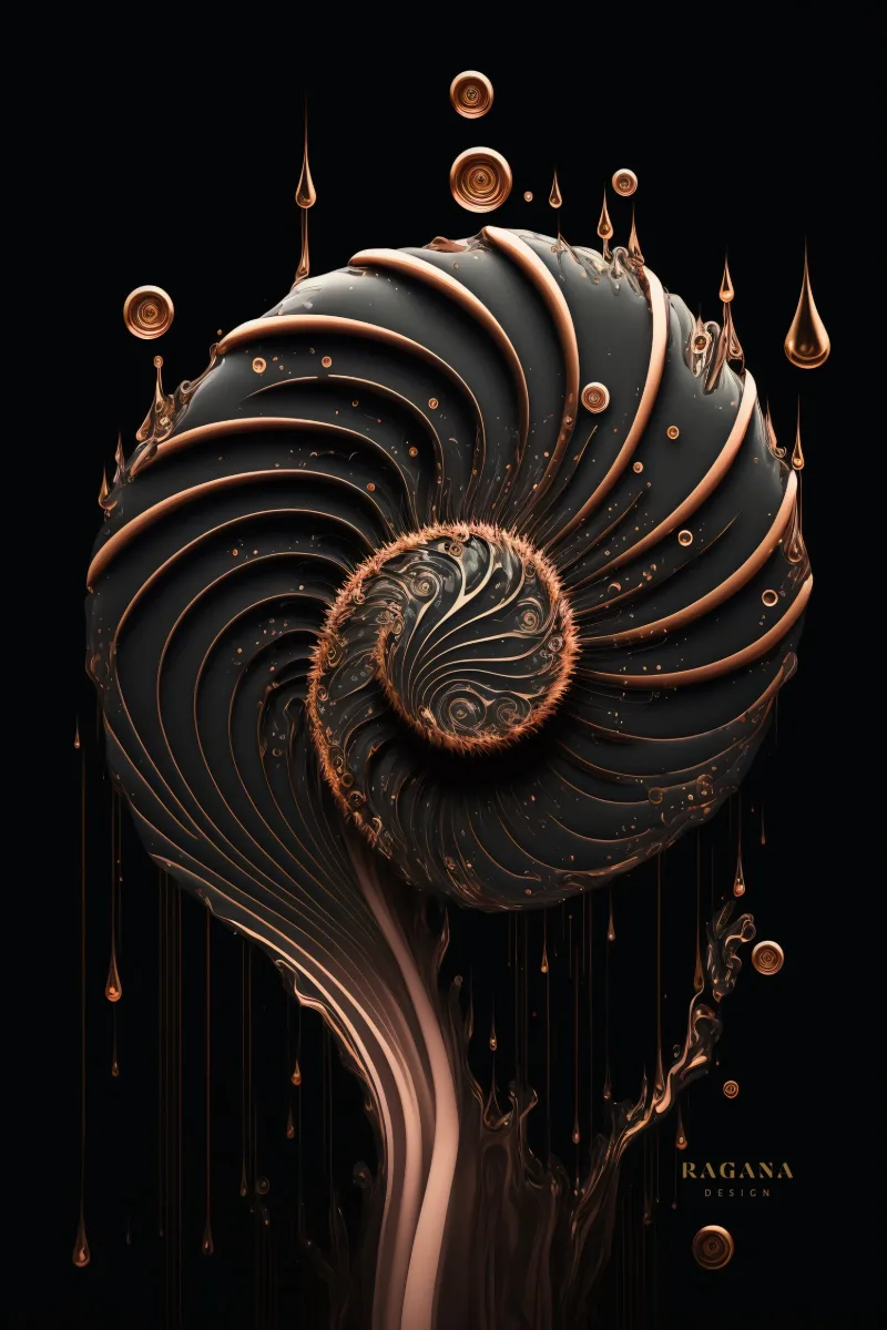 The Copper Vortex, un nautile rendu en cuivre sombre nervuré, à la queue fondante, avec des gouttes de cuivre tombant autour de lui sur noir, Tableau nautile, affiche coquillage par RAGANA Design