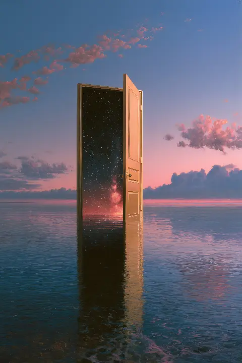 The Door at Sunset, colección Surreal Illusions in Gold — arte de pared Fibonacci sobre la proporción áurea de RAGANA Design