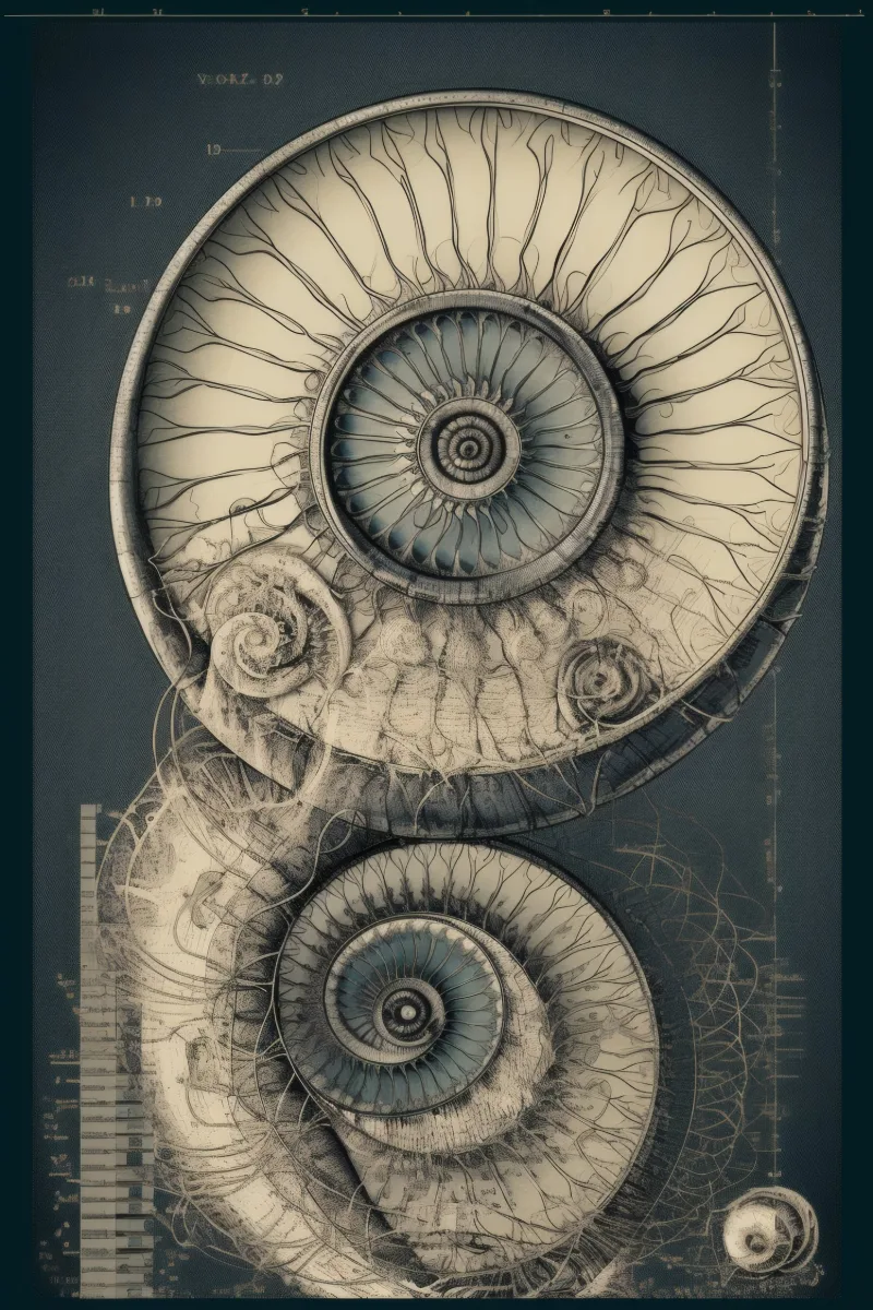 The Dual Engine of Creation, two ammonite spirals stacked and drawn as a cutaway on dark slate, Blueprint art print, Fibonacci spiral wall art by RAGANA Design