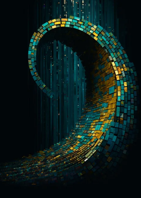白い壁に額装したThe Emerald Mosaic of Infinite Return – RAGANA Designの幾何学 ウォールアート・黄金螺旋 プリント
