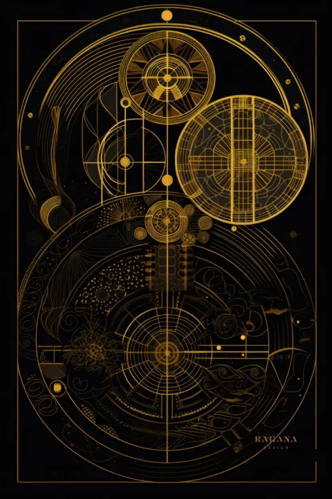 白い壁に額装したThe Engineer's Astrolabe – RAGANA Designのゴールド ウォールアート・黄金螺旋 アートプリント
