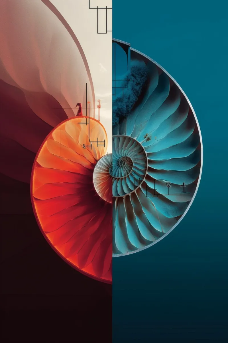 Vibrant Fibonacci, ein Nautilus, in der Mitte geteilt in eine Rost-Orange-Hälfte und eine Petrol-Blau-Hälfte, mit dünner goldener Rahmenlinie, Geometrische Bilder Bunt, Goldener Schnitt Wandbild von RAGANA Design