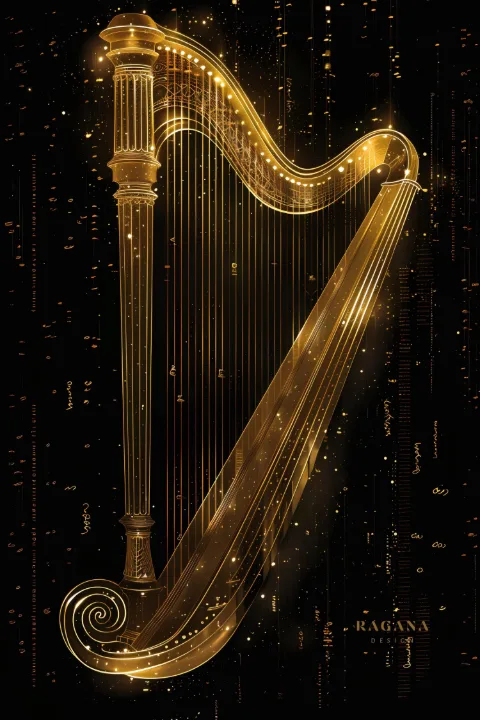 The Ethereal Golden Harp, collection Instruments of Infinity — art mural Fibonacci sur le nombre d’or par RAGANA Design
