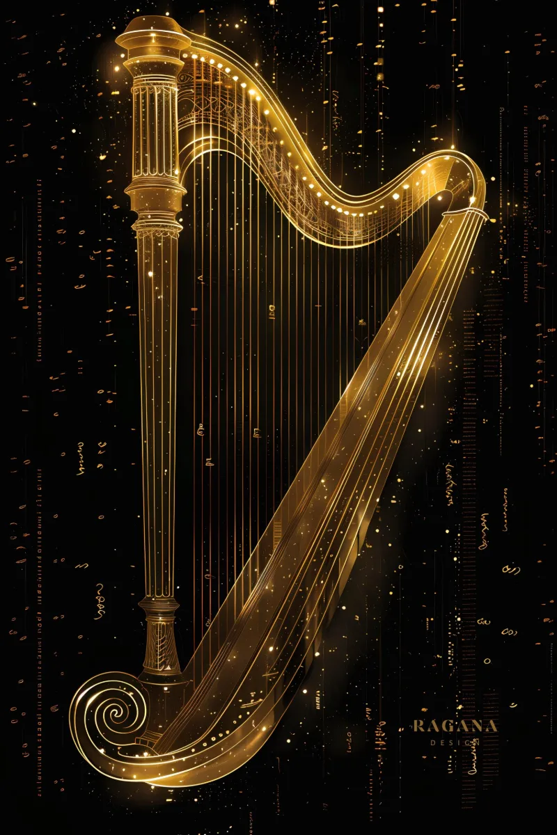 The Ethereal Golden Harp, collezione Instruments of Infinity — arte da parete Fibonacci sulla sezione aurea di RAGANA Design