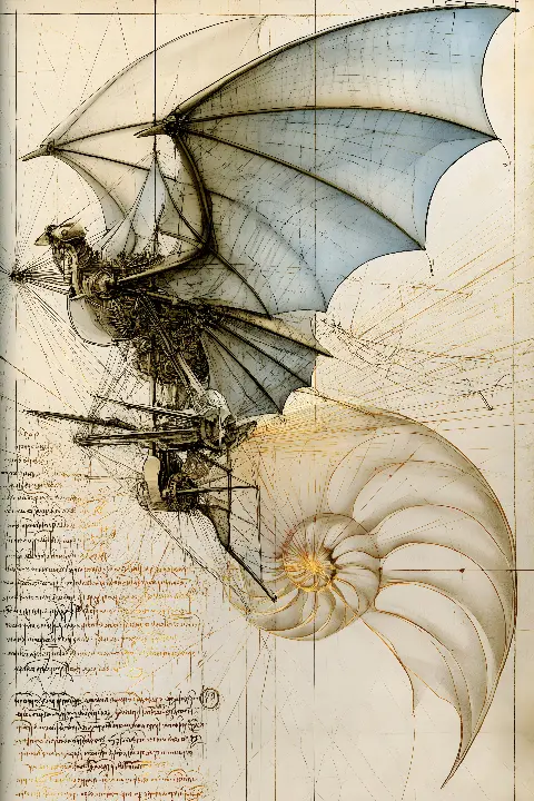 The Flying Machine Codex, Da Vinci Reimagined collection — Fibonacci golden ratio wall art by RAGANA Design