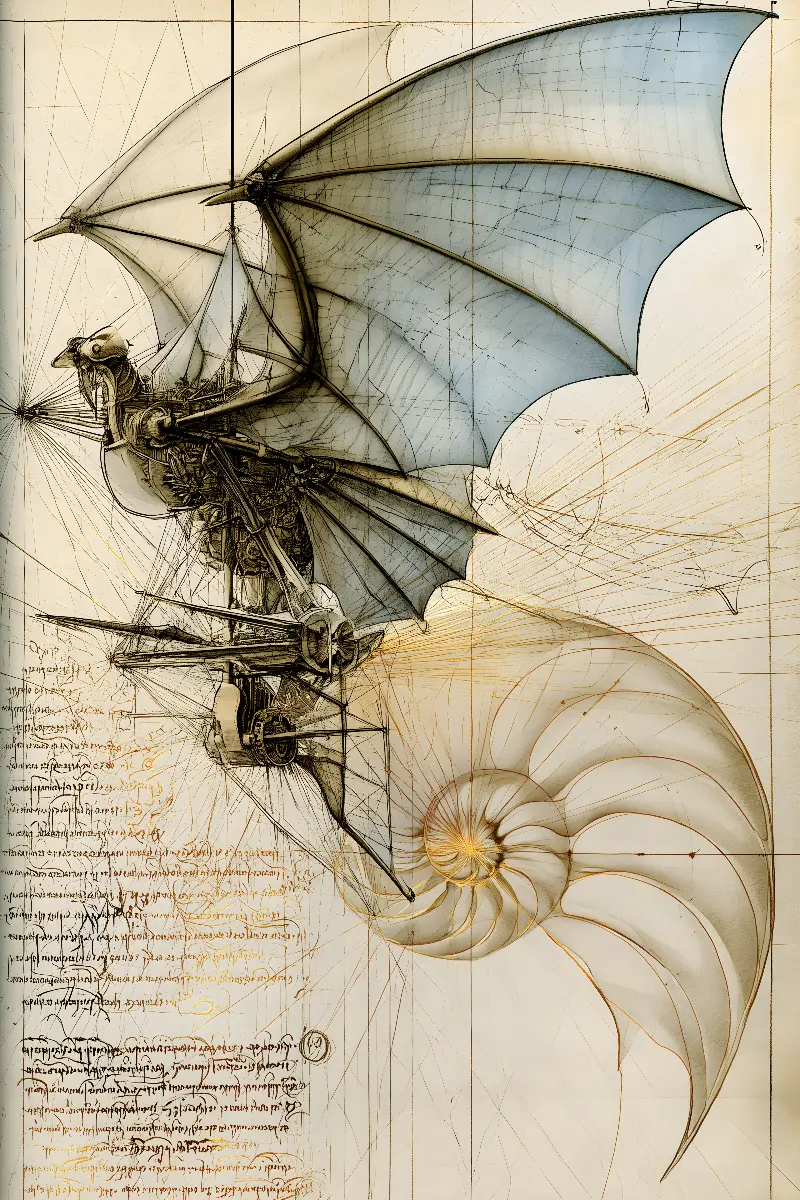 The Flying Machine Codex, Da Vinci Reimagined collection — Fibonacci golden ratio wall art by RAGANA Design