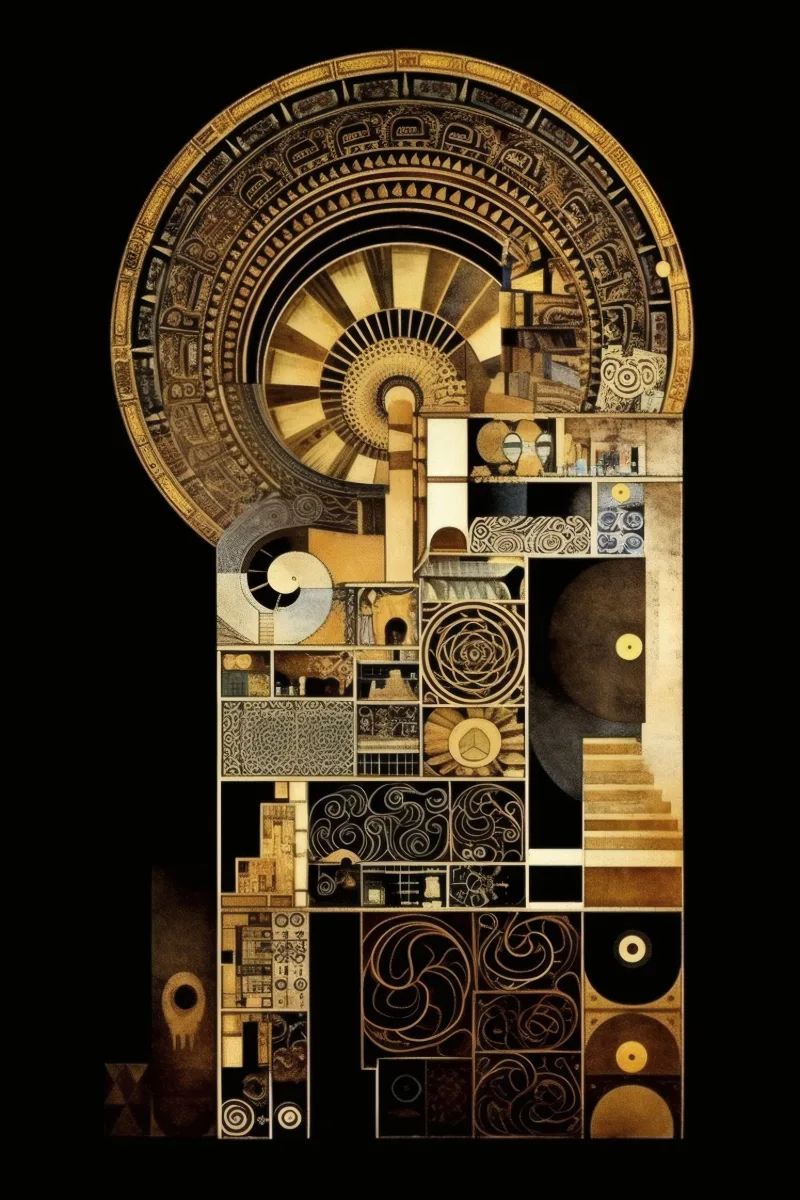 The Gilded Archway, una construcción en arco de paneles de oro grabados sobre negro, Cuadro estilo Klimt, lámina Art Nouveau oro de RAGANA Design