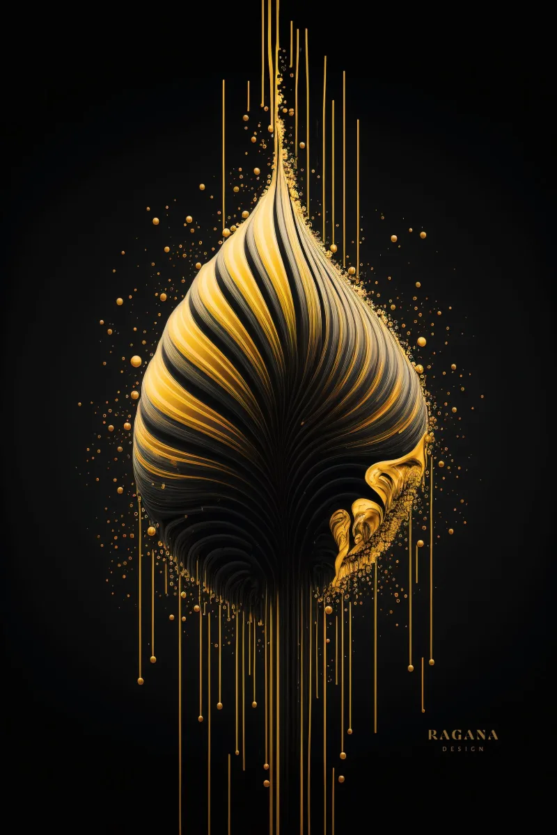 The Gilded Monolith, une haute goutte sombre nervurée comme un coquillage et bordée d’or avec de la poussière d’or dispersée autour sur noir, Tableau doré, affiche spirale d'or par RAGANA Design